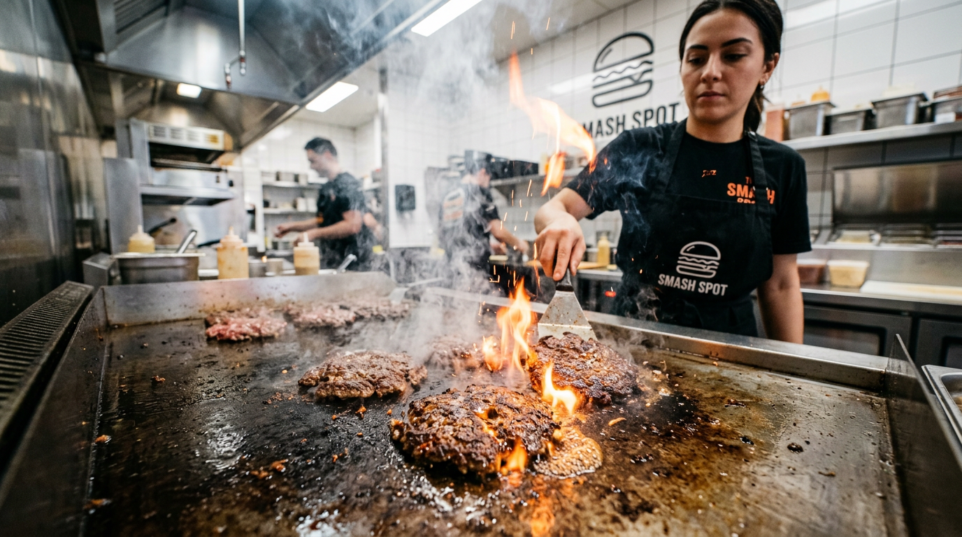 Smash burger patties sizzling on flat top grill