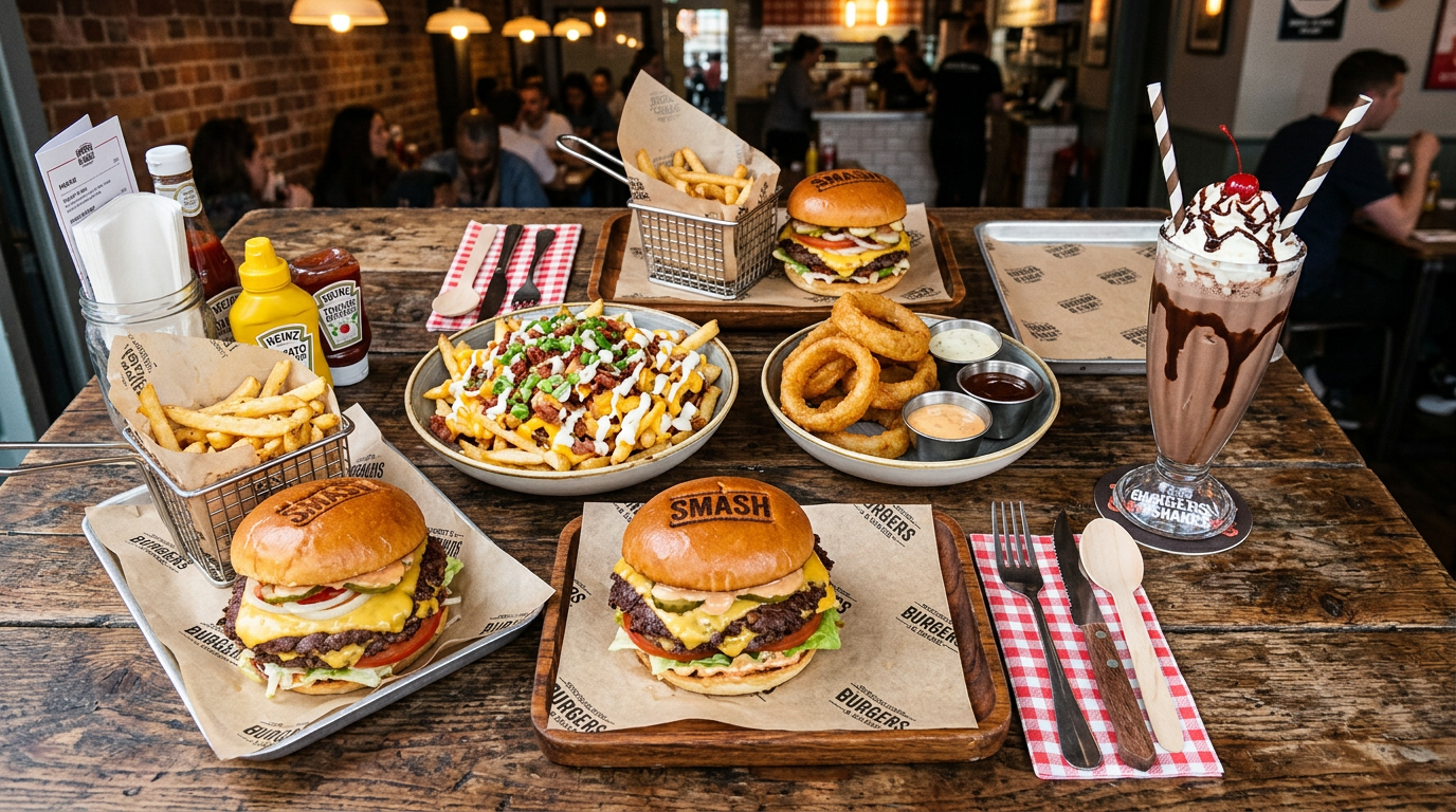 Overhead table spread of smash burgers, fries, onion rings, and milkshake