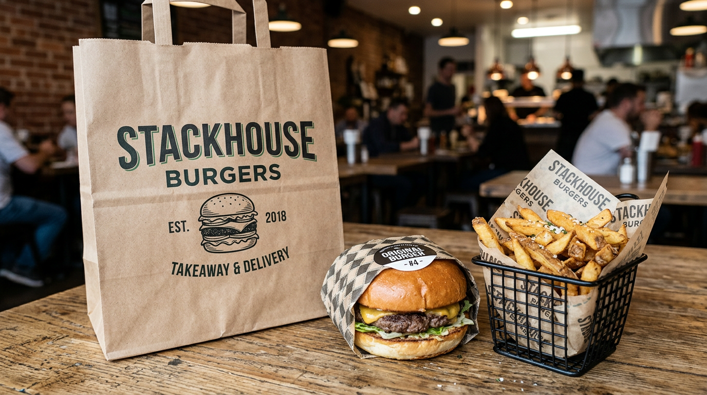 Takeout order bag next to fresh wrapped smash burger