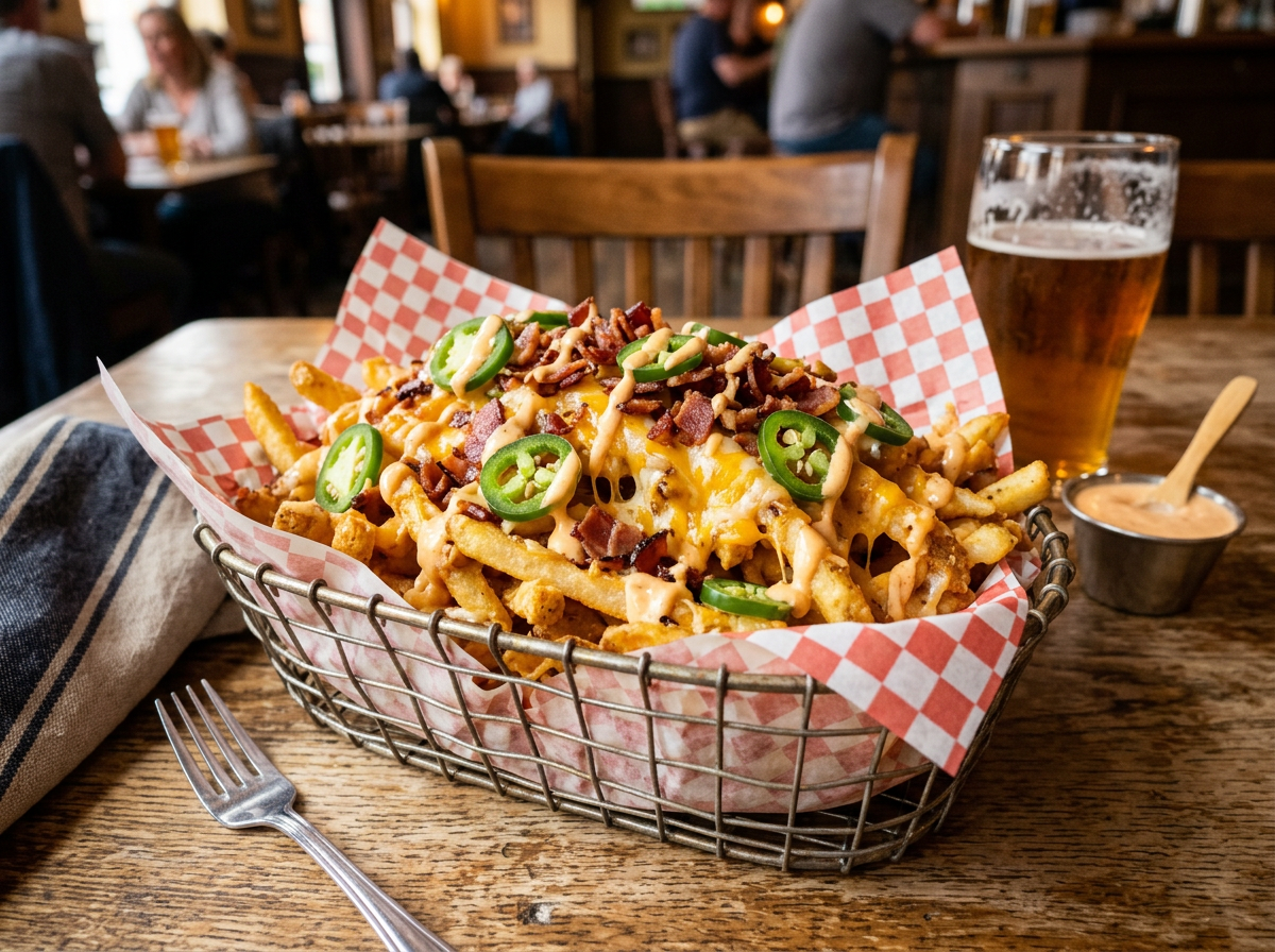 Golden loaded fries topped with cheese and bacon